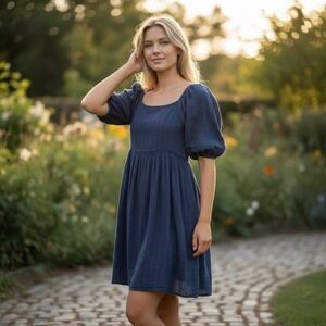 282. American Eagle‎ Navy Gauze Puff Sleeve Mini Dress Floral Embroidered Medium